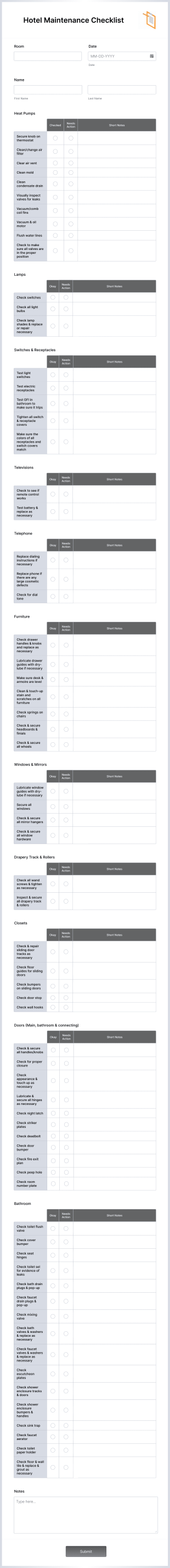 Hotel Maintenance Checklist Form Template