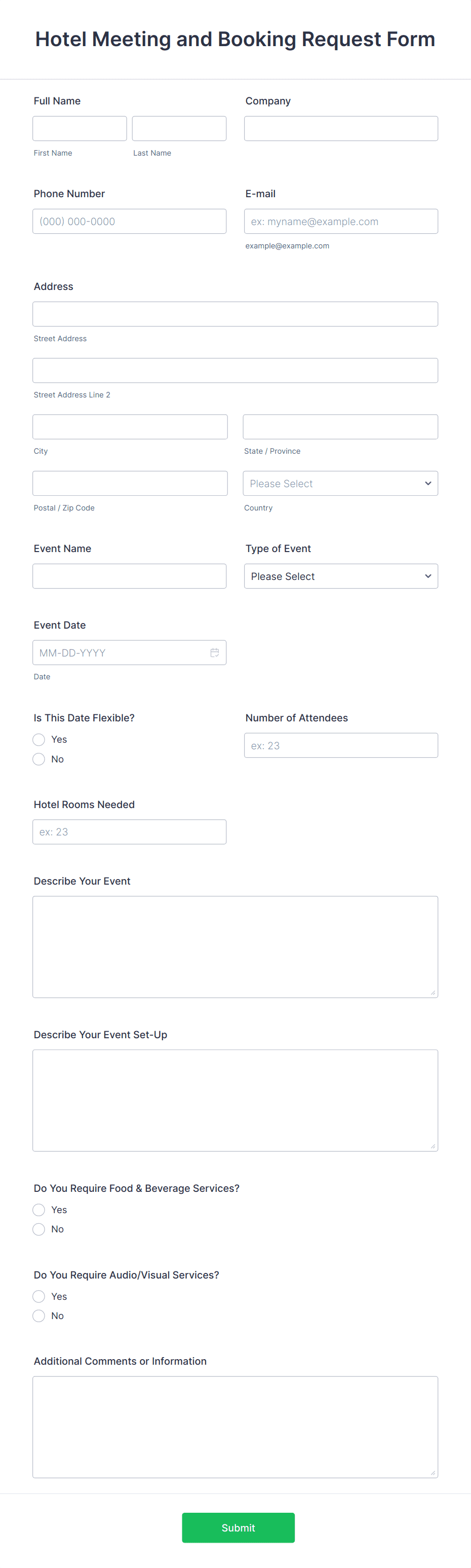 Hotel Meeting and Booking Request Form Template | Jotform