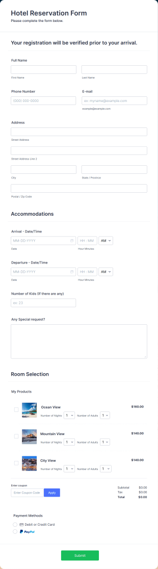 Hotel Reservation Form With Paypal Invoicing Form Template