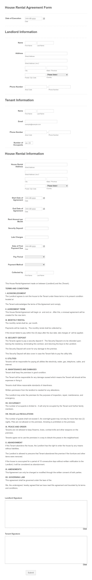 House Rental Lease Agreement Template Form Template