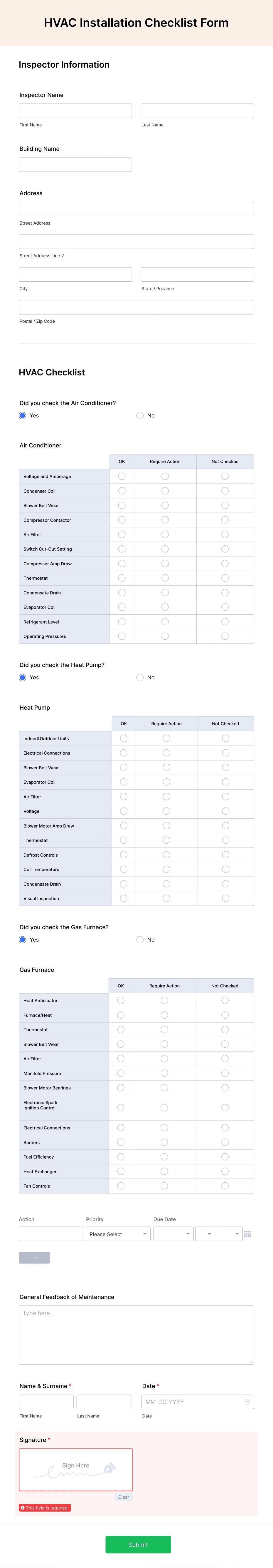 HVAC Installation Checklist Form Template | Jotform