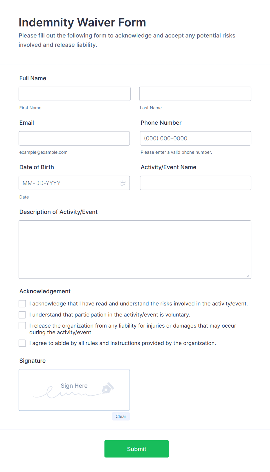 Indemnity Waiver Form Template | Jotform