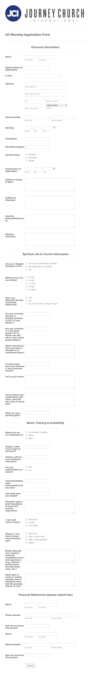 Worship Team Application Form Template