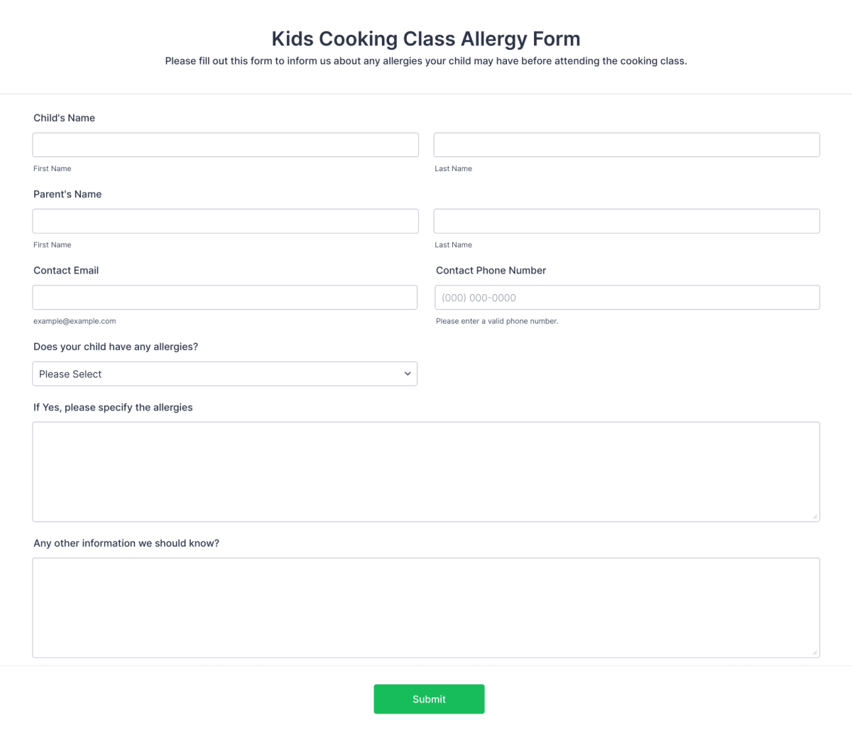 Kids Cooking Class Allergy Form Template | Jotform