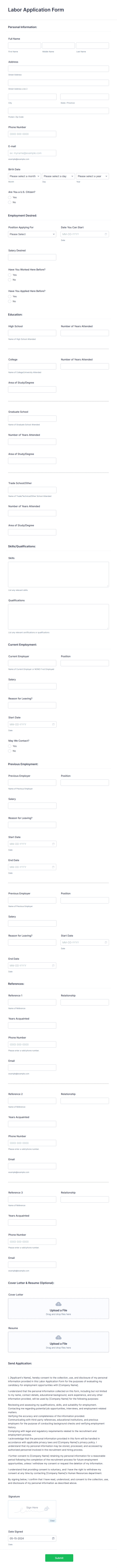 Labor Application Form Template