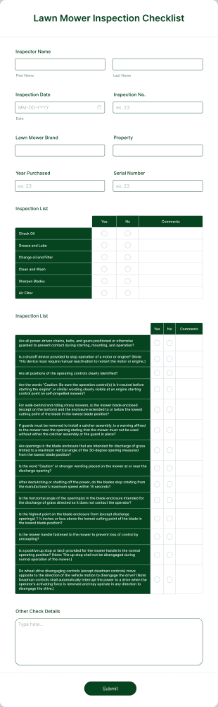 Lawn Mower Inspection Checklist Form Template