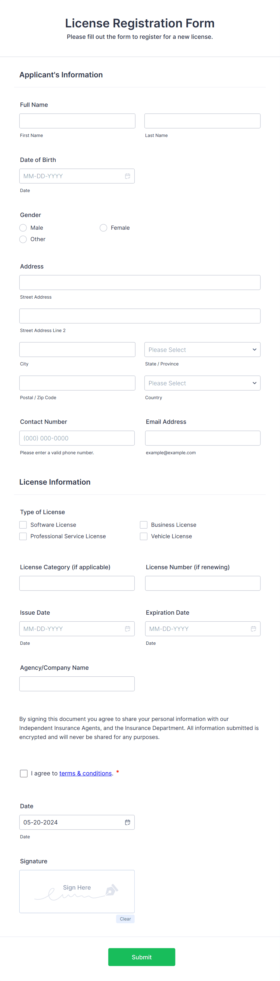 online form registration license