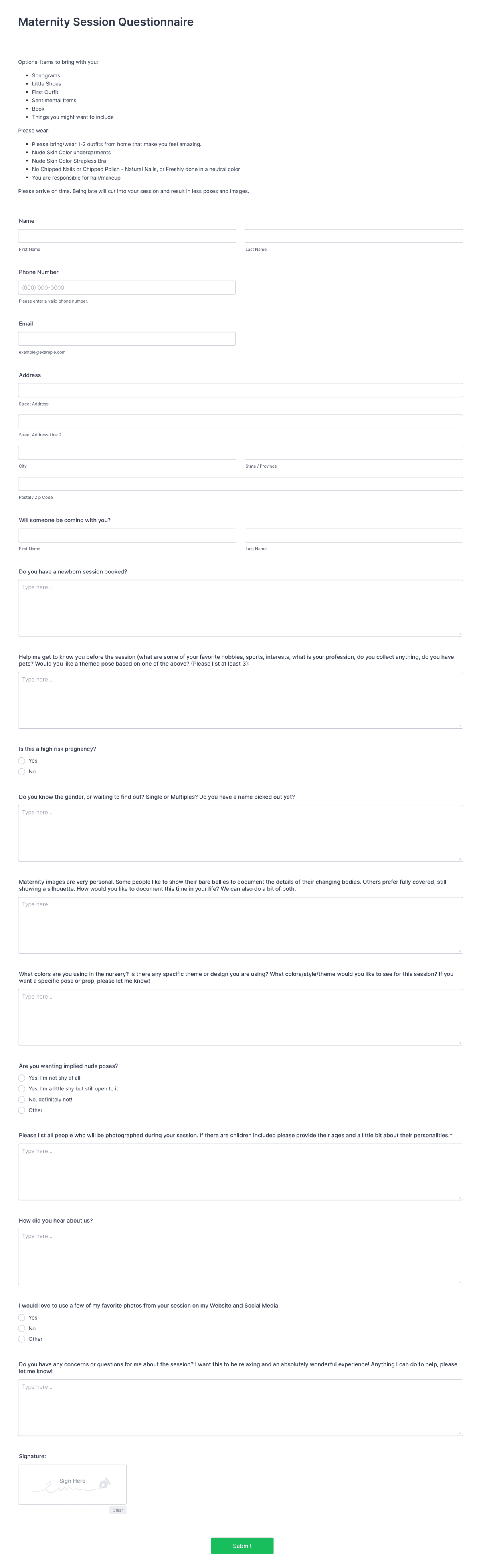 Maternity Session Questionnaire Form Template | Jotform