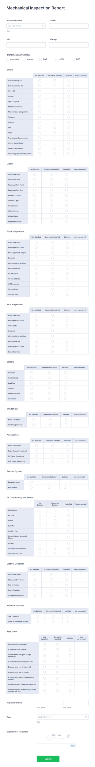 Mechanical Inspection Report Form Template