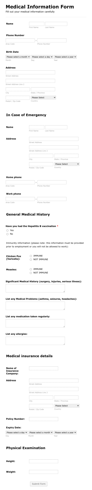 Medical Employment Information Form Template