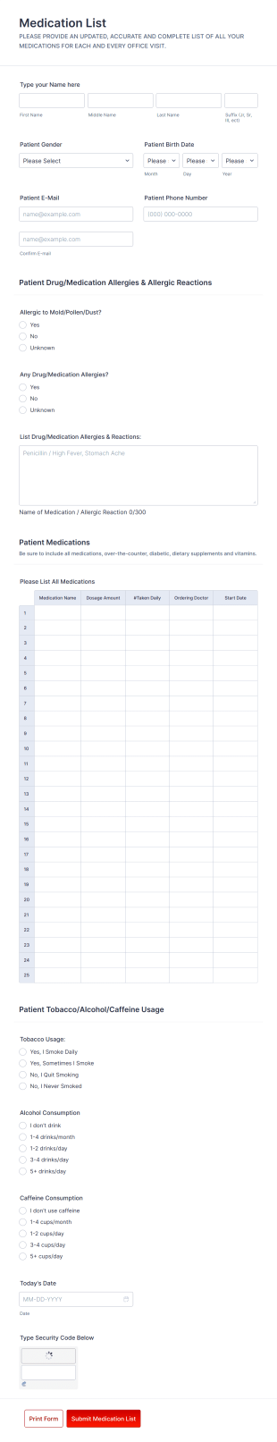 Medication List Form Template