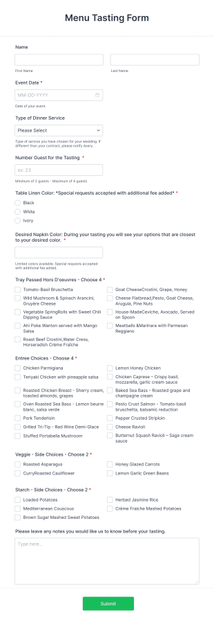 Menu Tasting Form Template