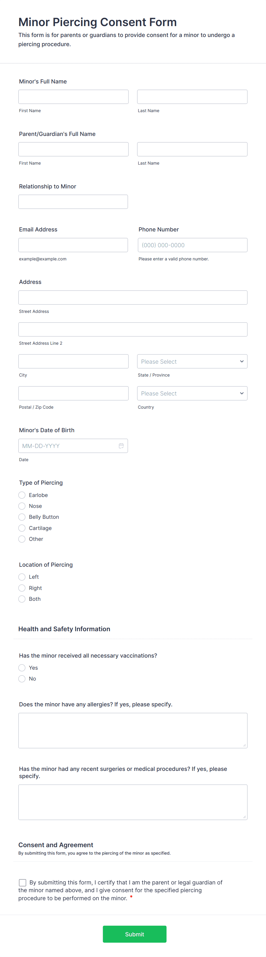 Minor Piercing Consent Form Template | Jotform