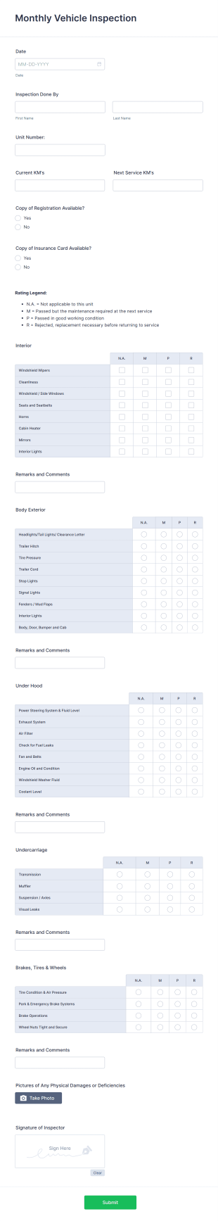 Monthly Vehicle Inspection Form Template