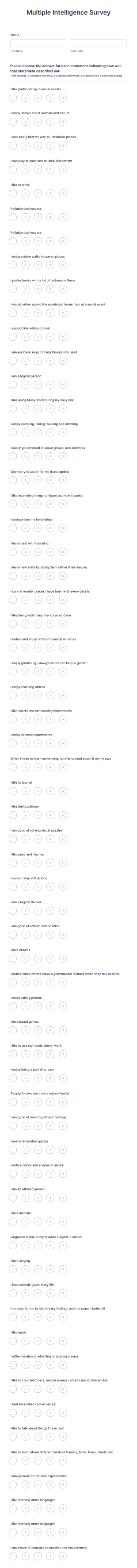 Multiple Intelligence Survey Form Template