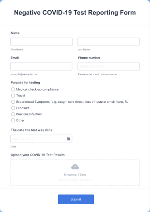 Negative COVID 19 Test Reporting Form Template