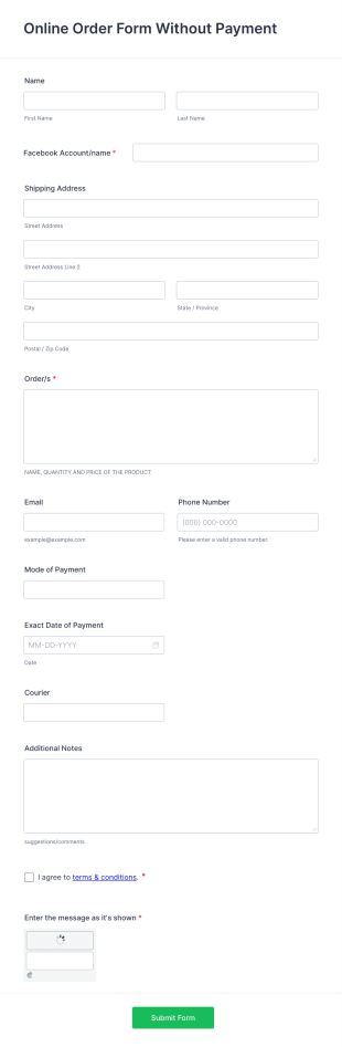 Online Order Form Without Payment Form Template
