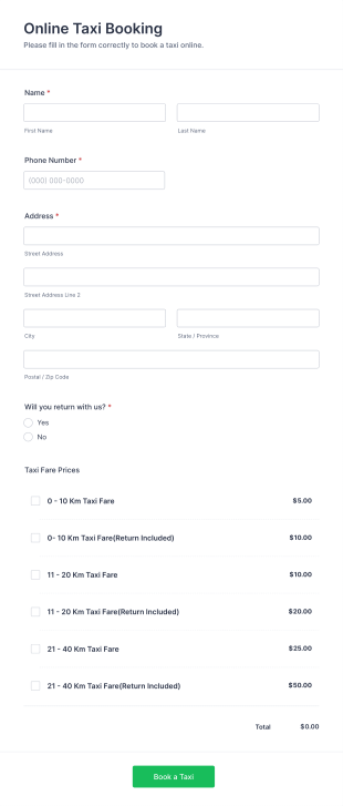 Online Taxi Booking Form Template