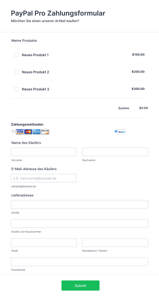 PayPal Pro Zahlungsformular Form Template