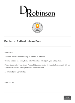 Pediatric Patient Intake Form Template