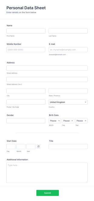 Personal Data Sheet Form Template