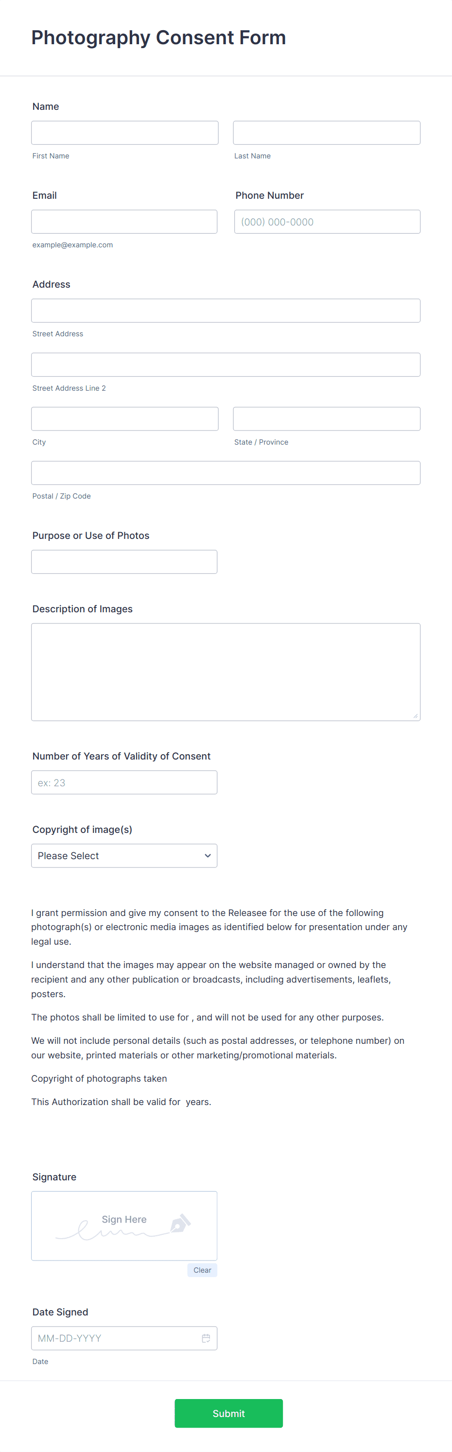 Photography Consent Form Template | Jotform