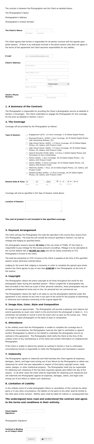 Photography Contract Form Template