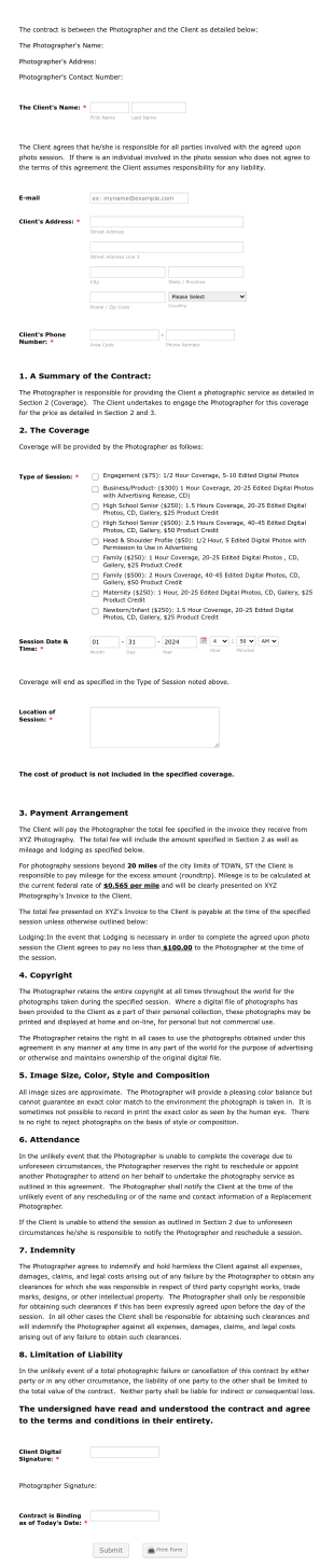 Photography Contract Form Template
