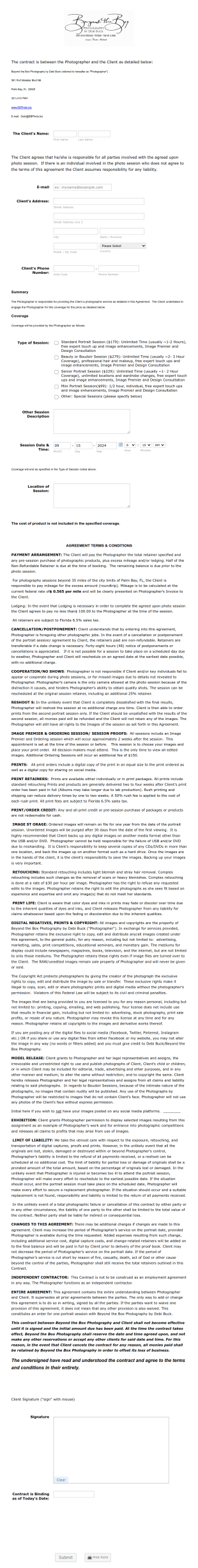 Photography Session Agreement Form Template