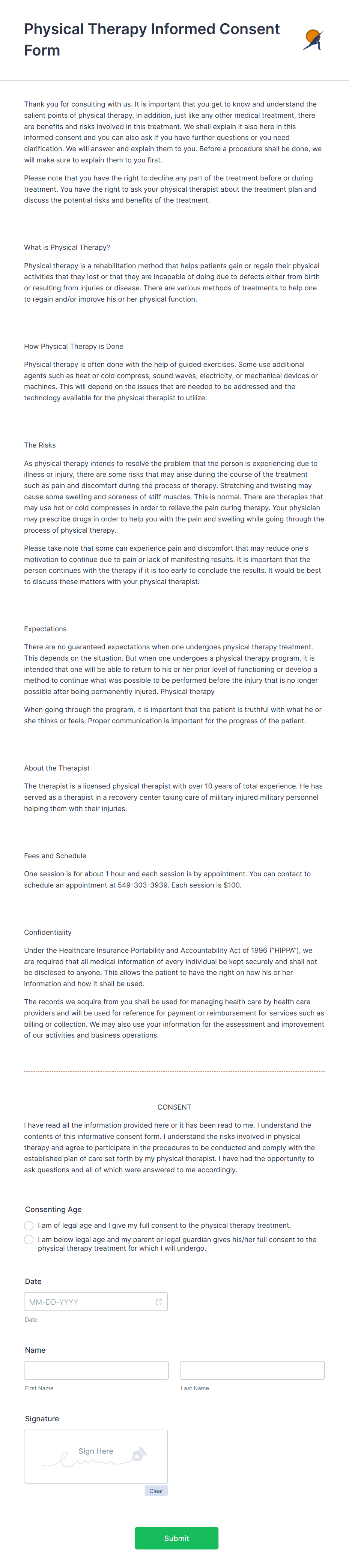 Physical Therapy Informed Consent Form Template Jotform 4331