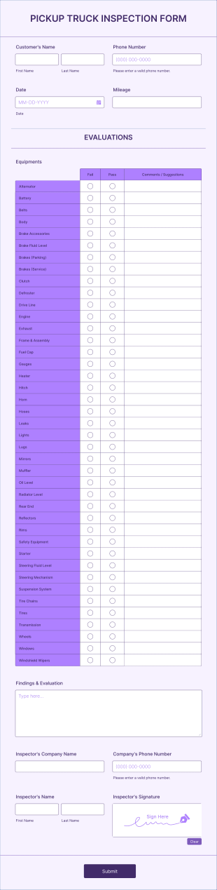 Pickup Truck Inspection Form Template