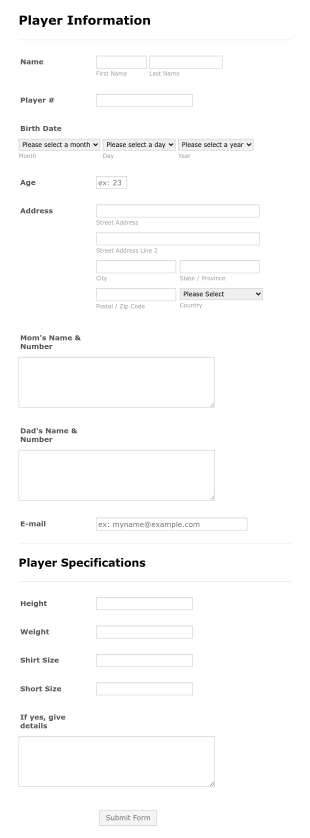 Player Profile Form Template