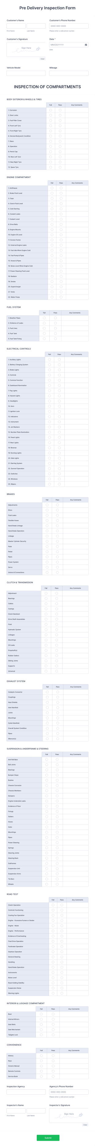 Pre Delivery Inspection Form Template