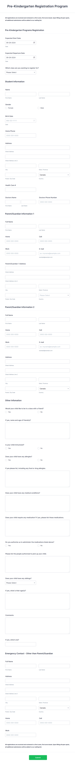 Preschool Registration Form Template 