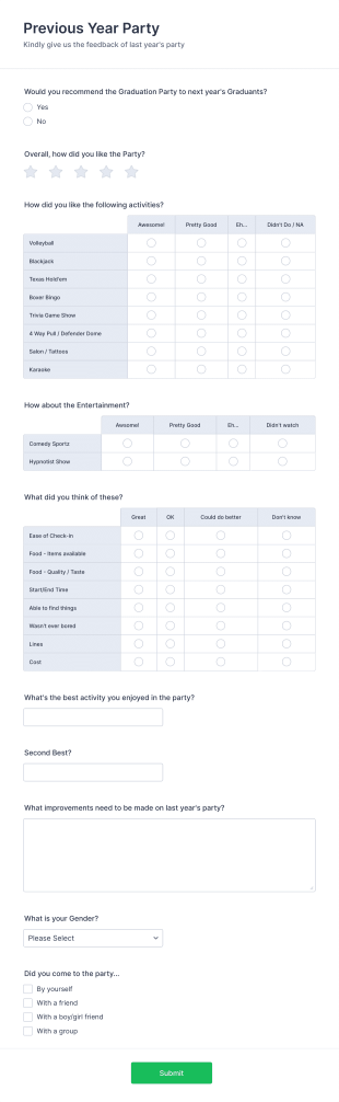 Previous Year Party Survey Form Template