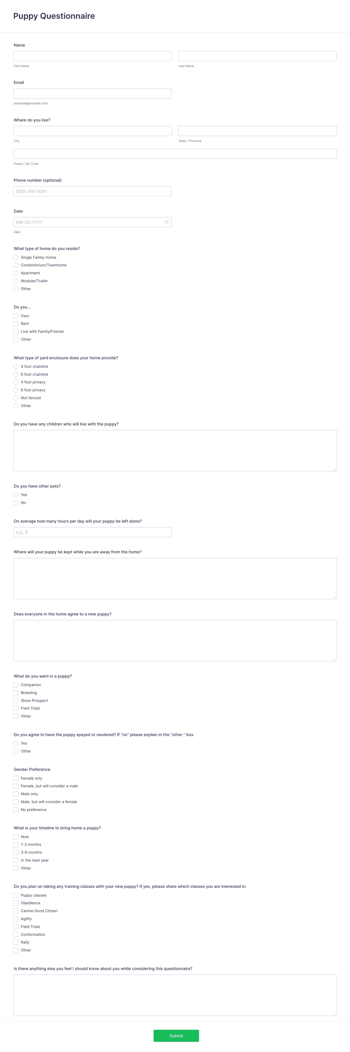 Puppy Questionnaire Form Template | Jotform