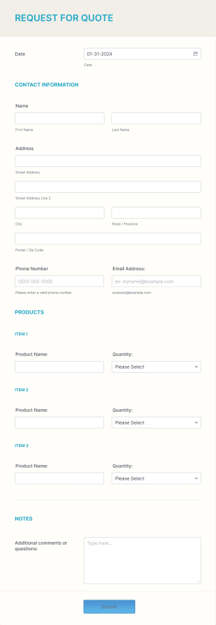 Request For Pricing Form Template