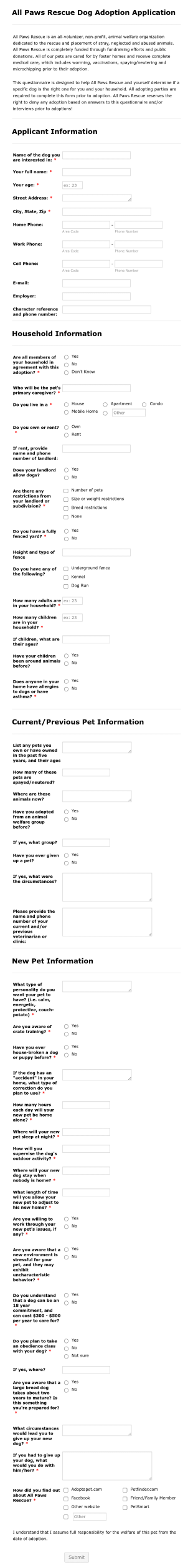 Rescue Dog Adoption Application Form Template