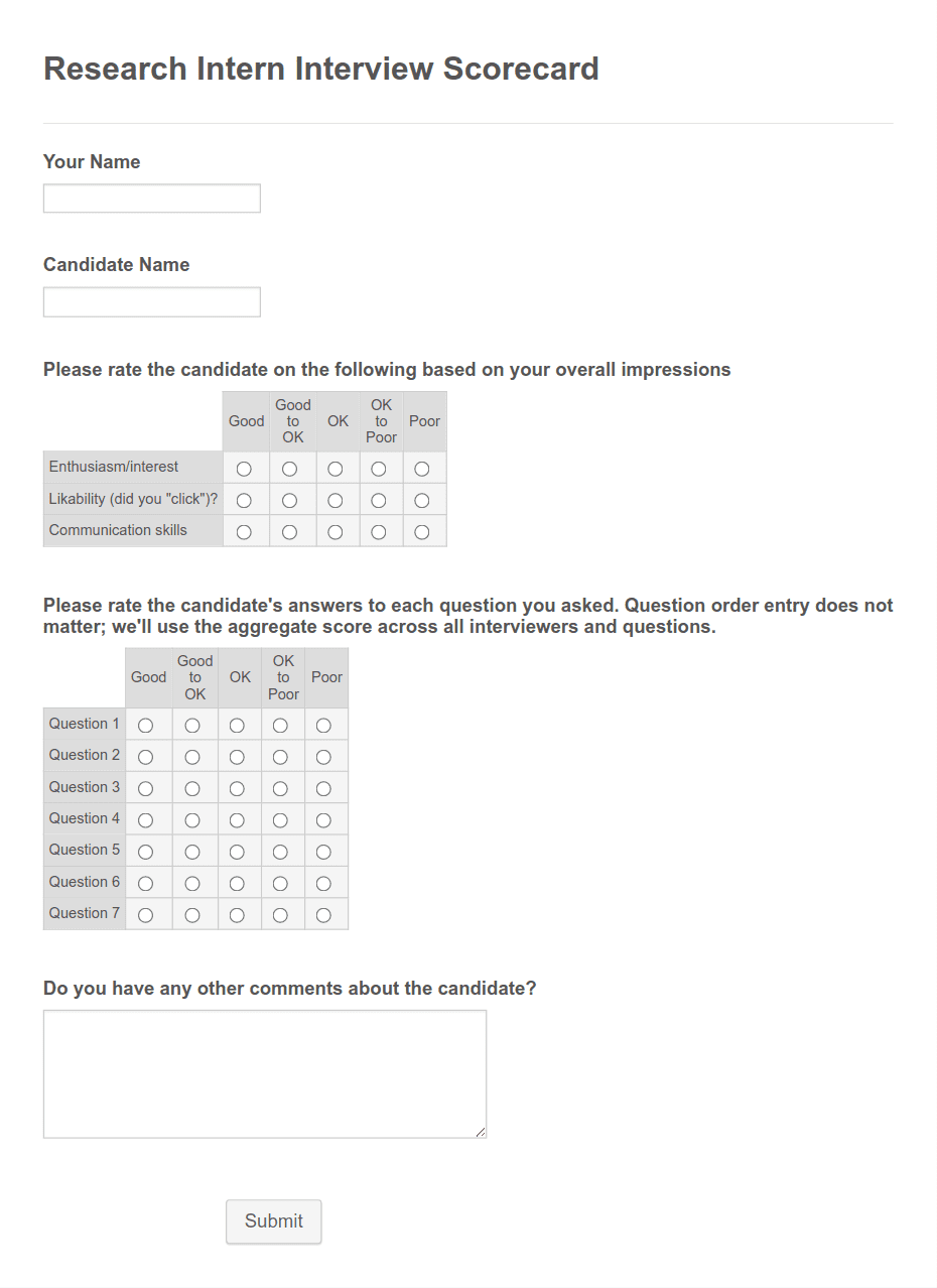 Research Intern Interview Scorecard Form Template | Jotform