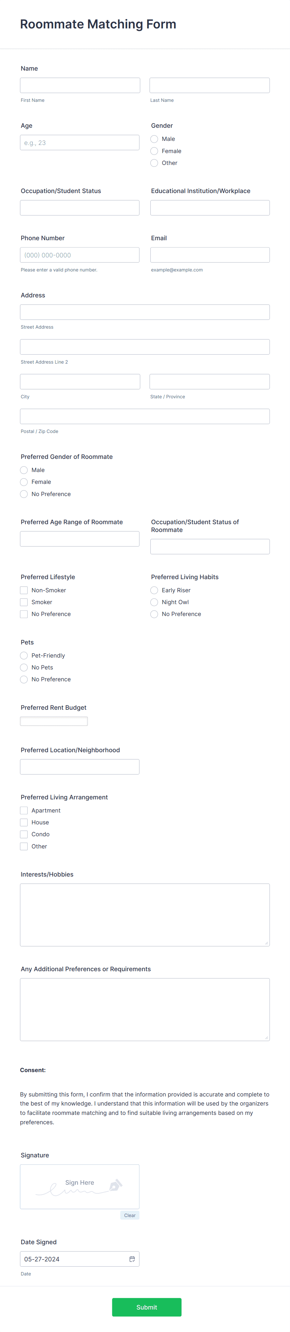 Roommate Matching Form Template | Jotform