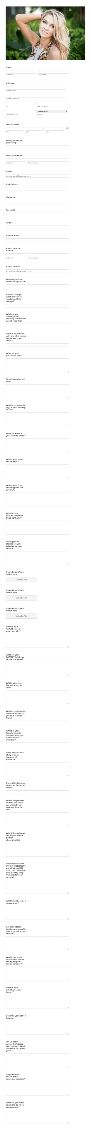 Senior Photography Questionnaire Form Template