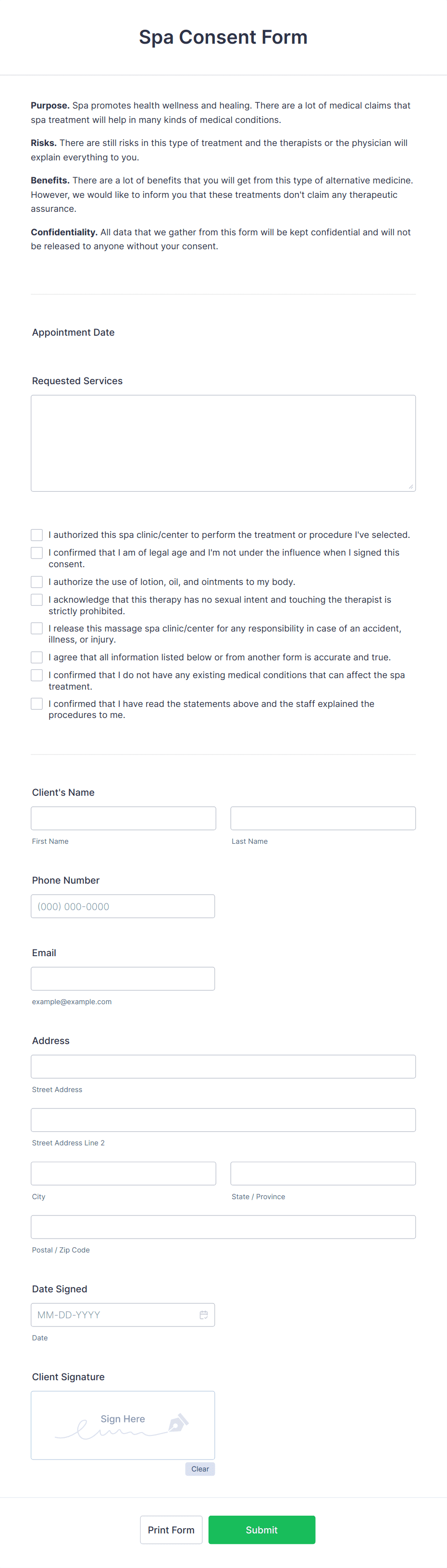 Spa Consent Form Template | Jotform