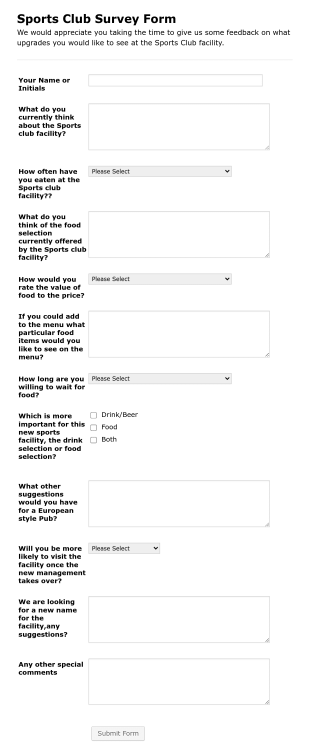 Sports Club Survey Form Template