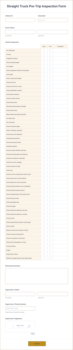 Straight Truck Pre Trip Inspection Form Template