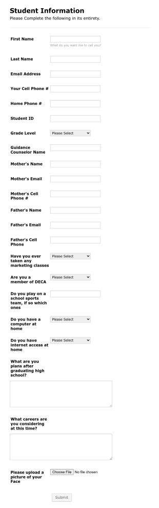 Student Contact Information Form Template