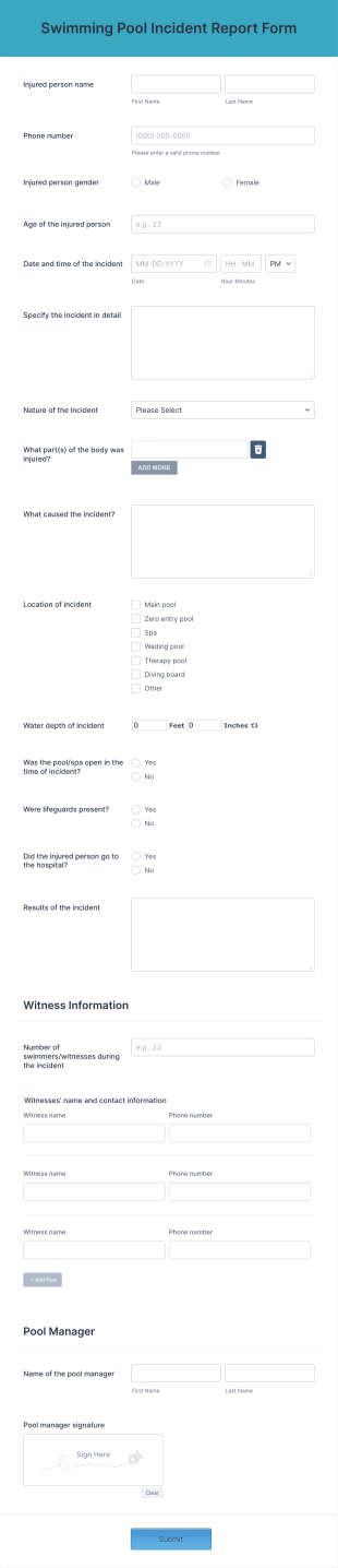 Swimming Pool Incident Report Form Template