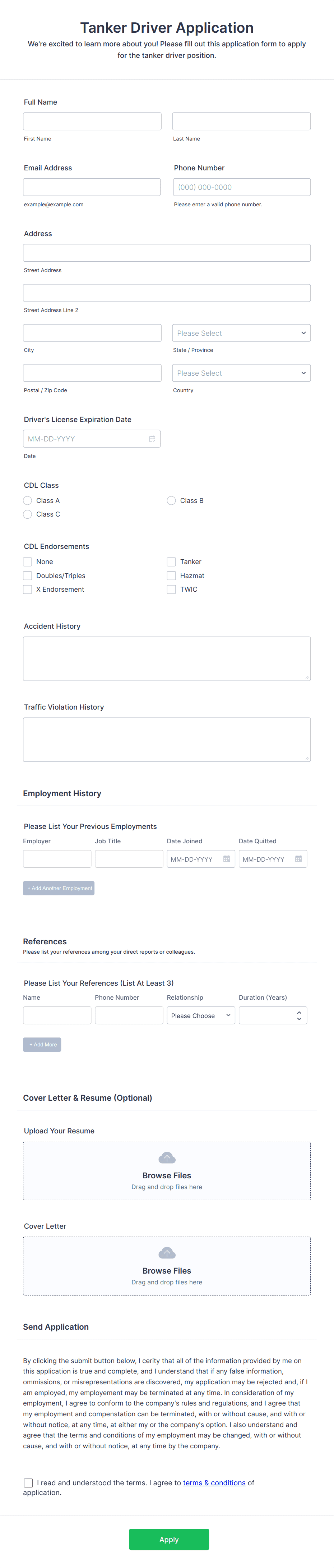 Tanker Driver Application Form Template | Jotform