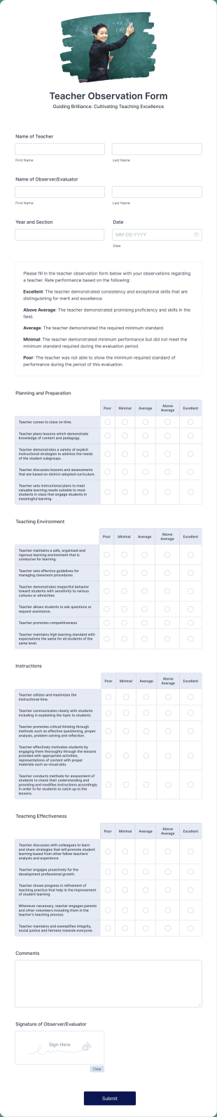 Teacher Observation Form Template