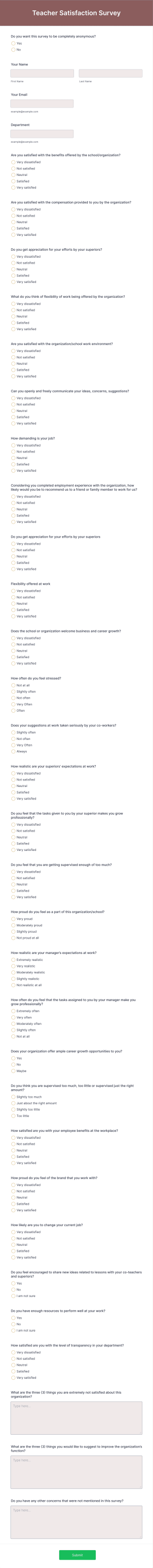 Teacher Satisfaction Survey Form Template