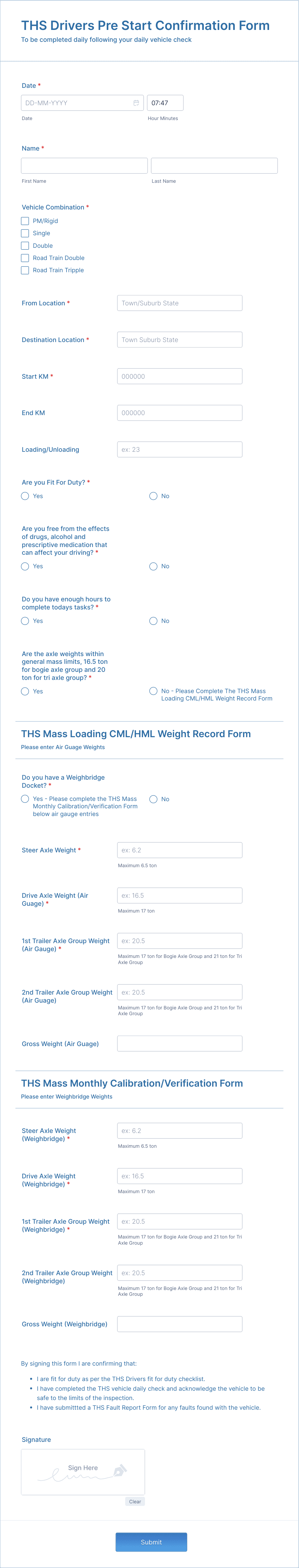 F M THS Drivers Pre Start Confirmation Form Template | Jotform